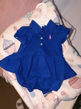Ralph Lauren Royal Blue Polo Peplum Baby One-Piece with Pink Pony